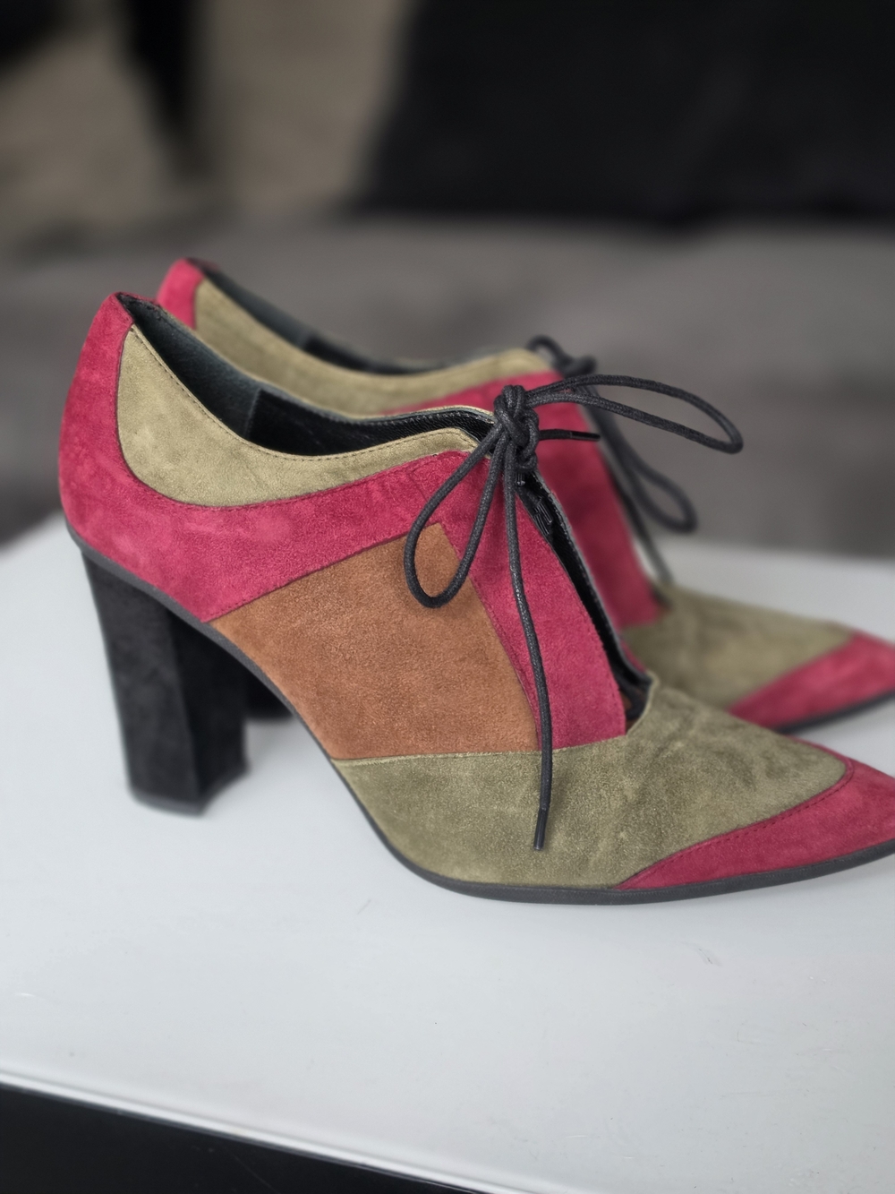 Prada Suede Colorblock Lace-Up Heels in Fuchsia, Olive & Chestnut - Picture 5 of 7